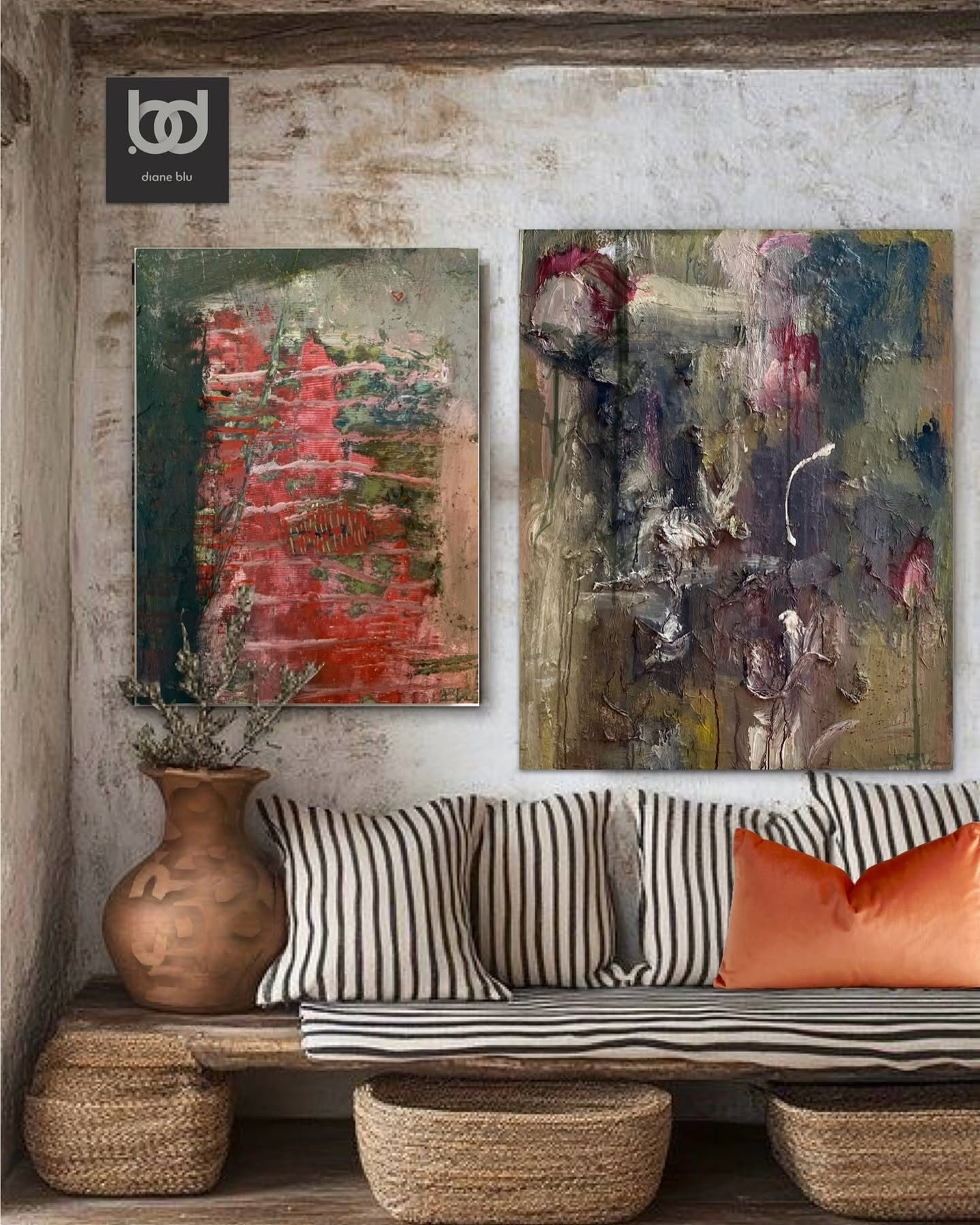 Two paintings above a low bench